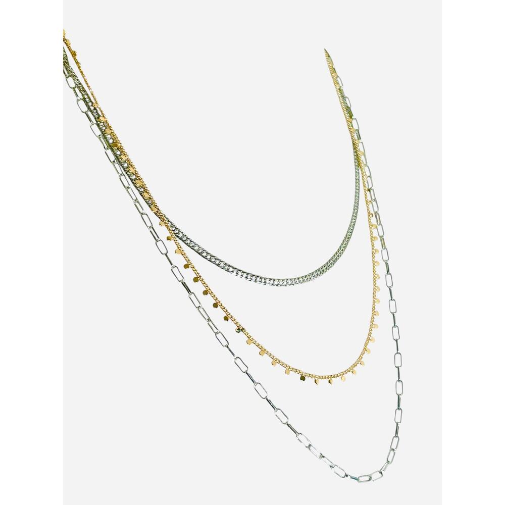 Victoria Emerson Two Tone Layered Triple Strand Chain Necklace Gold Silver Tones